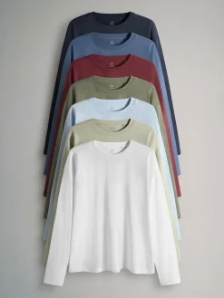 The Set 7 Pack Long Sleeve T-Shirts Navy/Blue/Red/Green/Light Blue/Stone Brown/White^Women Nightwear|Tops & T-Shirts