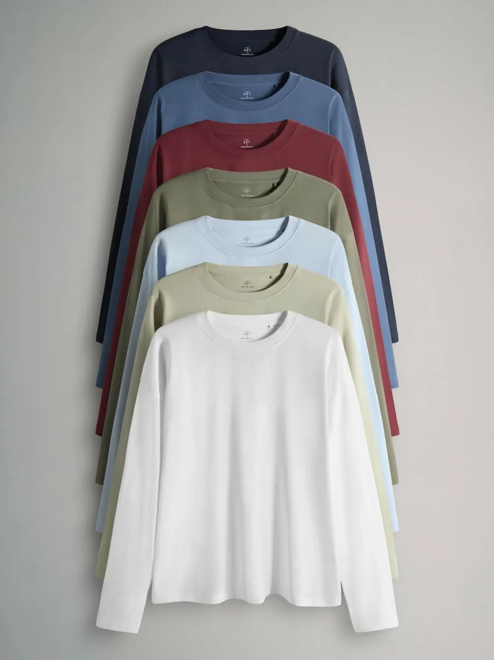 The Set 7 Pack Long Sleeve T-Shirts Navy/Blue/Red/Green/Light Blue/Stone Brown/White^Women Nightwear|Tops & T-Shirts