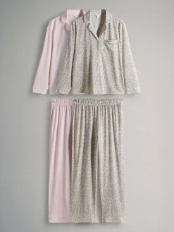 New The Set 2 Pack Polyester Viscose Blend Button Through Long Pyjamas with Piping Animal/Pink