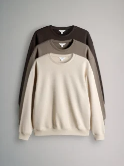 New The Set 3 Pack Relaxed Crew Neck Sweatshirts Chocolate Brown/Taupe Brown/Cream