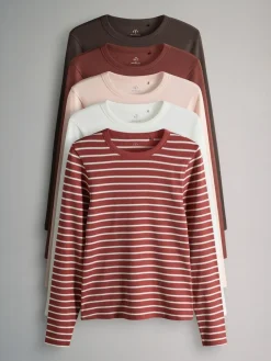 The Set 5 Pack Ribbed Long Sleeve T-Shirts Brown/Pink/White/Stripe^Women Nightwear|Tops & T-Shirts