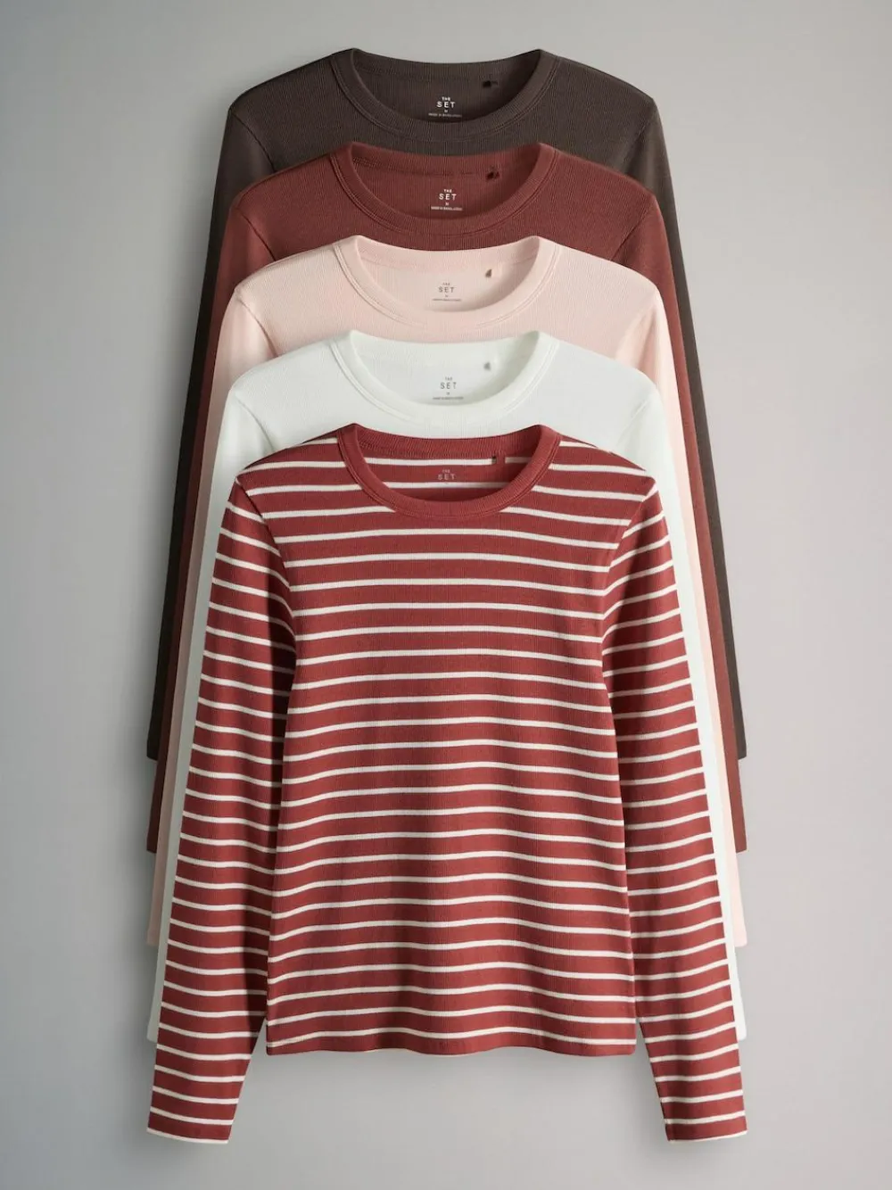 The Set 5 Pack Ribbed Long Sleeve T-Shirts Brown/Pink/White/Stripe^Women Nightwear|Tops & T-Shirts
