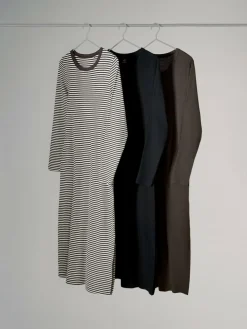 Sale The Set 3 Pack Ribbed Long Sleeve Midi Dresses Navy/Khaki/Stripe