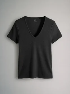 The Set 3 Pack Ribbed V-Neck Short Sleeved T-Shirts Black/White/Taupe Brown^Women Nightwear|Tops & T-Shirts