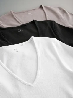 The Set 3 Pack Ribbed V-Neck Short Sleeved T-Shirts Black/White/Taupe Brown^Women Nightwear|Tops & T-Shirts