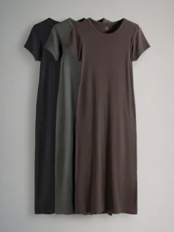 The Set 3 Pack Short Sleeve Ribbed Midi Dresses Black/Chocolate/Charcoal