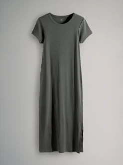 The Set 3 Pack Short Sleeve Ribbed Midi Dresses Black/Chocolate/Charcoal