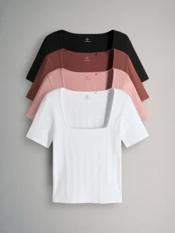 The Set 4 Pack Textured Ribbed Square Neck Half Sleeve T-Shirts Black/Pink/White^Women Tops & T-Shirts