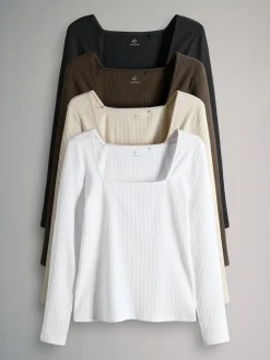 The Set 4 Pack Trim Square Neck Ribbed Tops^Women Nightwear|Tops & T-Shirts