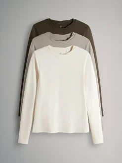The Set 3 Pack Twist Neck Long Sleeve T-Shirts Chocolate Brown/Taupe Brown/Cream^Women Tops & T-Shirts