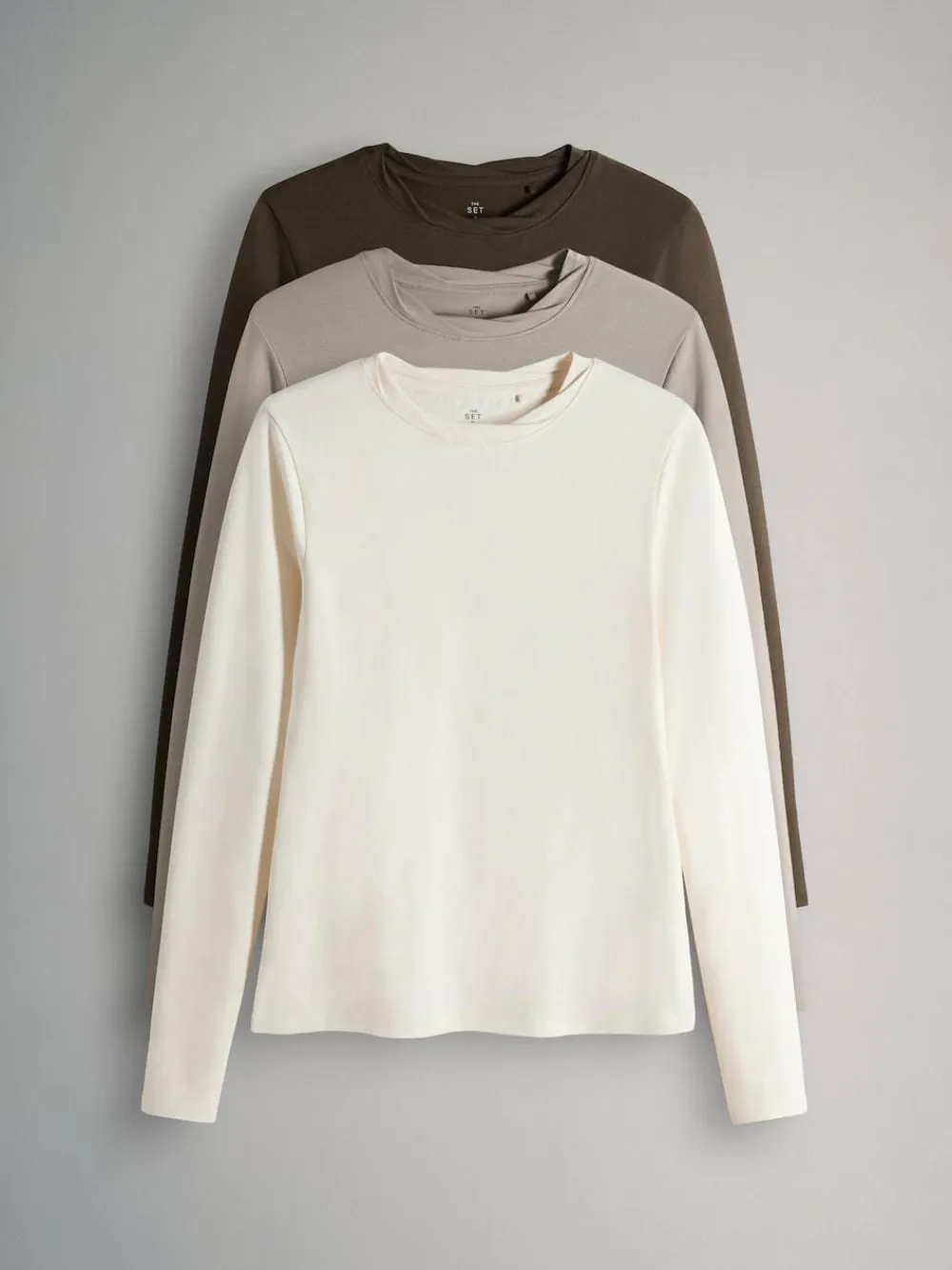 The Set 3 Pack Twist Neck Long Sleeve T-Shirts Chocolate Brown/Taupe Brown/Cream^Women Tops & T-Shirts