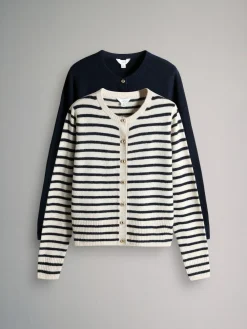 Outlet The Set Navy/Cream Stripe 2 Pack Gold Button Knitted Cardigans With Wool