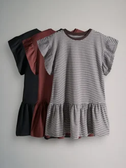 Online The Set Short Frill Sleeve Drop Waist Jersey Dresses 3 Pack Black/Brown Stripe/Red