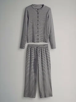 Hot The Set Stripe 2 Pack Button Through Long Sleeve Top and Drawstring Trousers Co-Ord Set