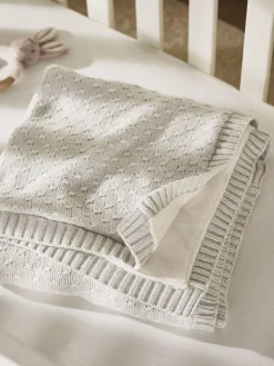 Online The White Company Grey Cotton Knitted Fleece Lined Blanket