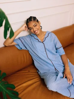 Their Nibs Blue Skinny Stripe Cotton Voile Oversized Long Pyjamas Set^Women Pyjamas