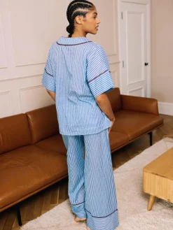 Their Nibs Blue Skinny Stripe Cotton Voile Oversized Long Pyjamas Set^Women Pyjamas