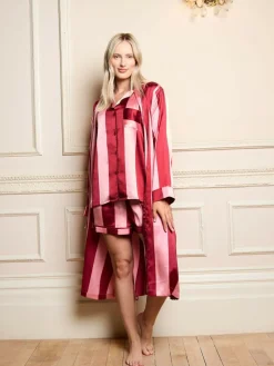 Their Nibs Pink Raspberry Stripe Satin Grandpa Robe^Women Bathrobes