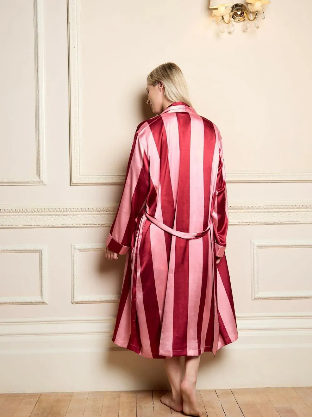 Their Nibs Pink Raspberry Stripe Satin Grandpa Robe^Women Bathrobes