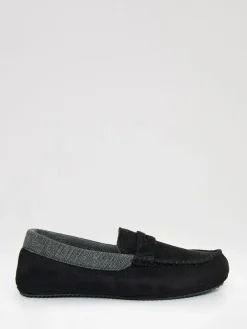 Online Threadbare Faux Suede Fabric Trim Moccasin Slippers Black