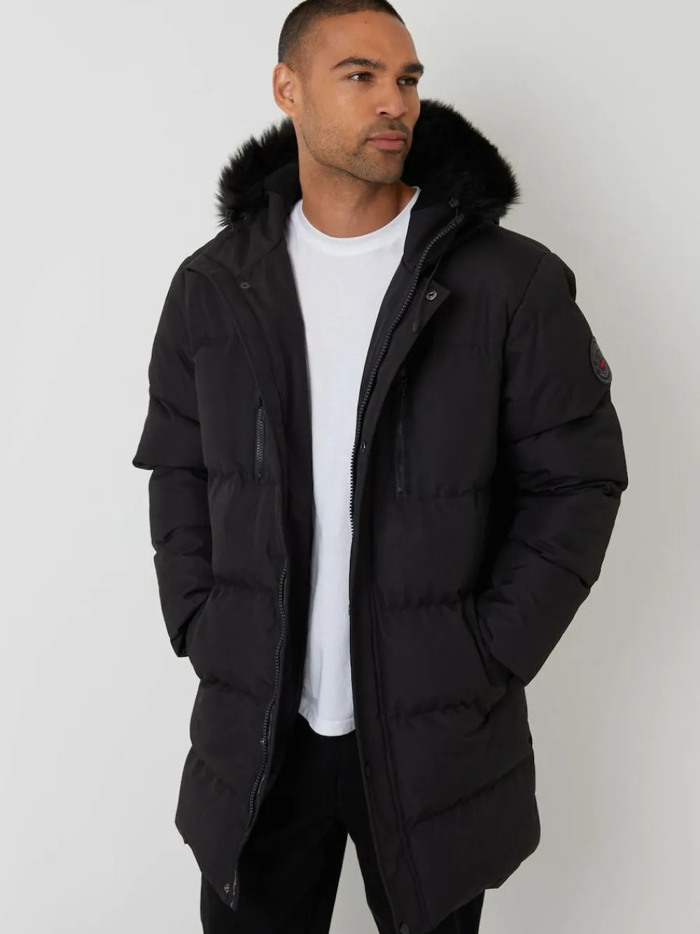 Threadbare Showerproof Longline Quilted Parka Jacket Black