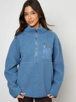 Threadbare Blue Half Zip Borg Fleece^Women Hoodies & Sweatshirts|Coats & Jackets