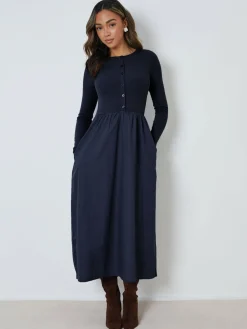 Best Threadbare 2-in-1 Jersey Poplin Mix Button Down Dress Blue