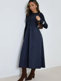 Best Threadbare 2-in-1 Jersey Poplin Mix Button Down Dress Blue