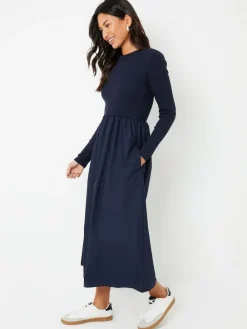 Threadbare Blue Rib Jersey 2-In-1 Midi Dress with Poplin Skirt^Women Midi Dresses