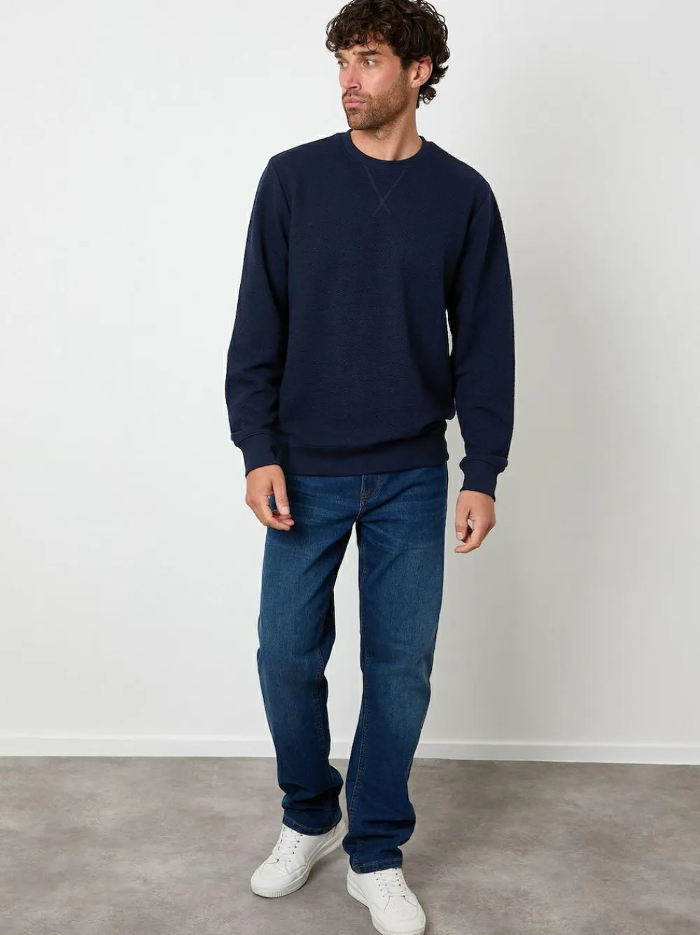 Outlet Threadbare Blue Textured Crew Neck Sweatshirt