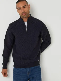 New Threadbare Textured Quarter Zip Jumper With Wool Blue