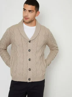 Threadbare Cable Knit Shawl Collar Cardigan With Wool Brown