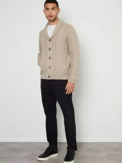 Threadbare Cable Knit Shawl Collar Cardigan With Wool Brown