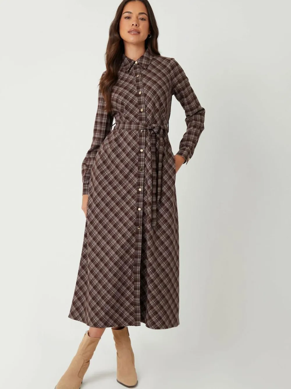 Online Threadbare Brown Check Belted Midi Shirt Dress
