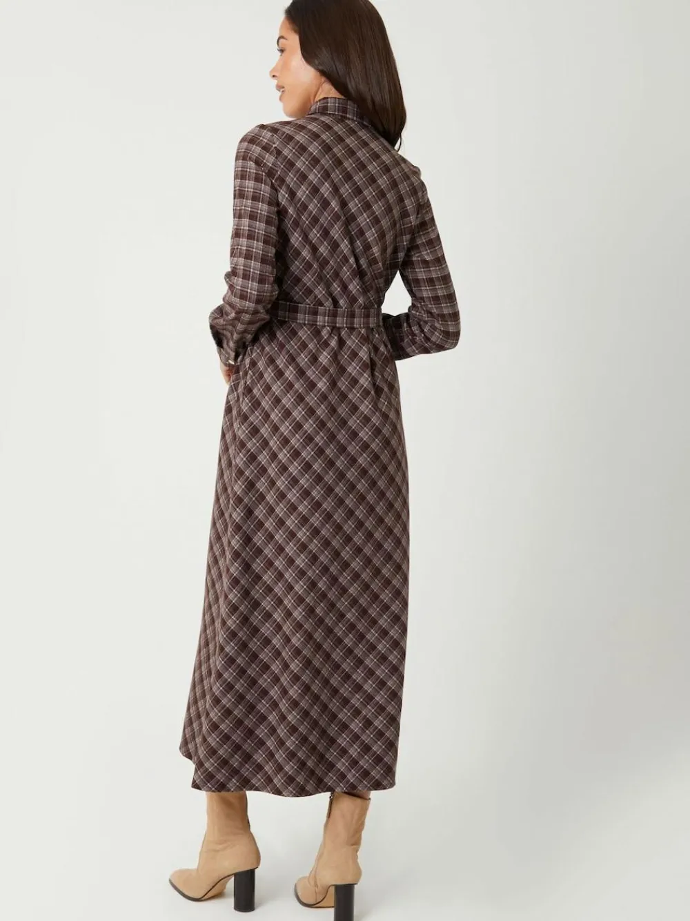 Online Threadbare Brown Check Belted Midi Shirt Dress