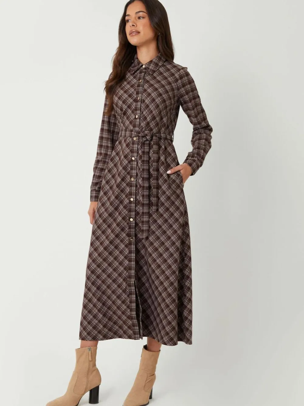 Online Threadbare Brown Check Belted Midi Shirt Dress