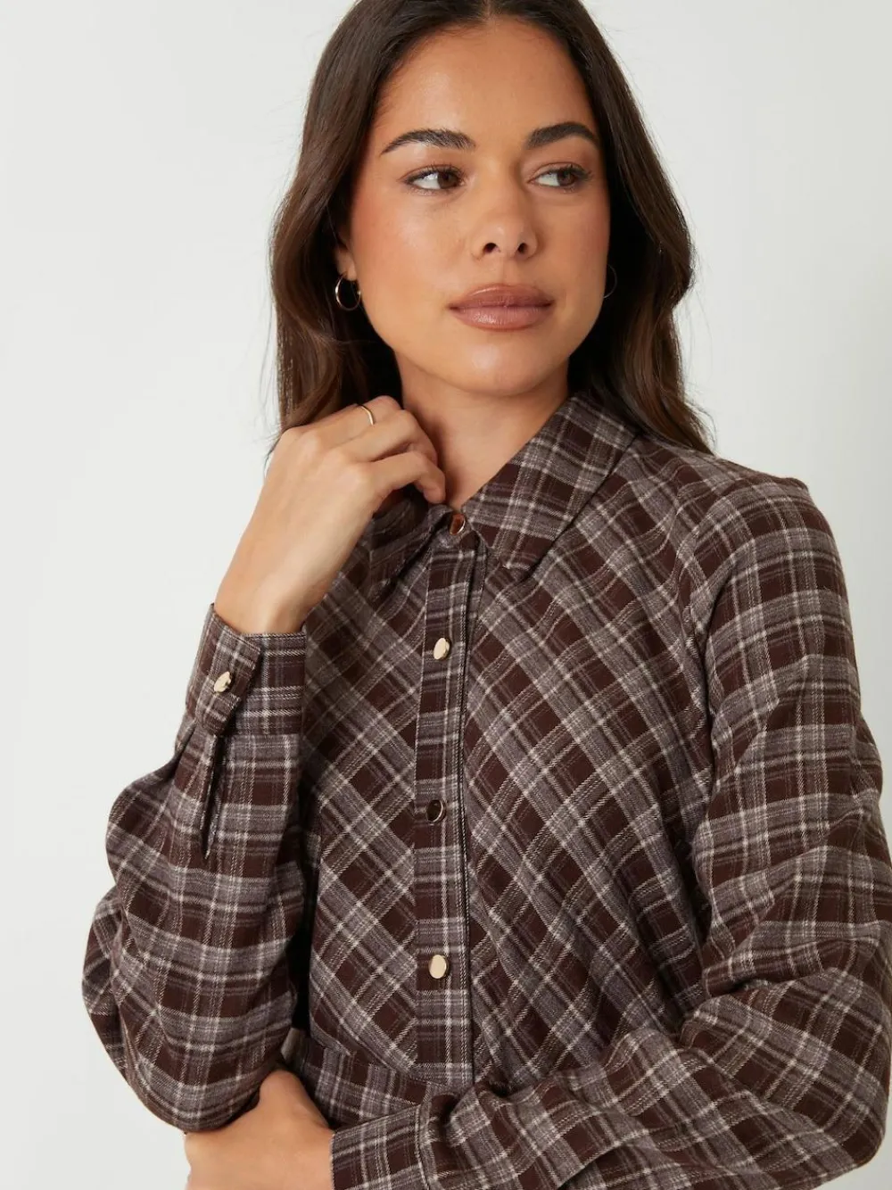 Online Threadbare Brown Check Belted Midi Shirt Dress