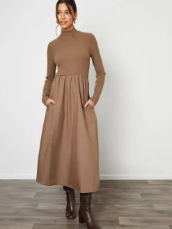 Clearance Threadbare High Neck 2 In 1 Jersey Poplin Mix Mini Dress Brown