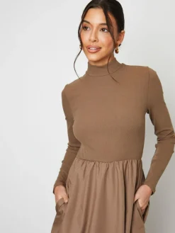 Clearance Threadbare High Neck 2 In 1 Jersey Poplin Mix Mini Dress Brown