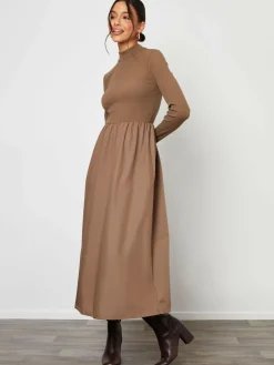 Clearance Threadbare High Neck 2 In 1 Jersey Poplin Mix Mini Dress Brown