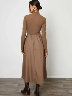 Clearance Threadbare High Neck 2 In 1 Jersey Poplin Mix Mini Dress Brown