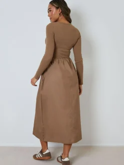 Threadbare 2-in-1 Jersey Poplin Mix Button Down Dress^Women Midi Dresses|Dresses