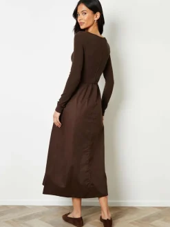 Best Threadbare 2-in-1 Jersey Poplin Mix Slash Neck Long Sleeve Dress Brown