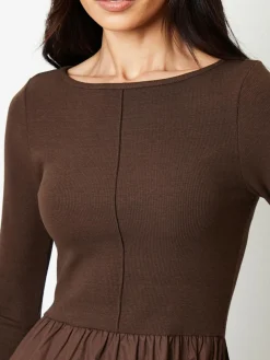Best Threadbare 2-in-1 Jersey Poplin Mix Slash Neck Long Sleeve Dress Brown