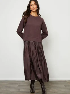 Discount Threadbare Brown 2-In-1 Relaxed Ribbed Sweatshirt Midi Dress