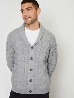 Clearance Threadbare Cable Knit Shawl Collar Cardigan With Wool Grey