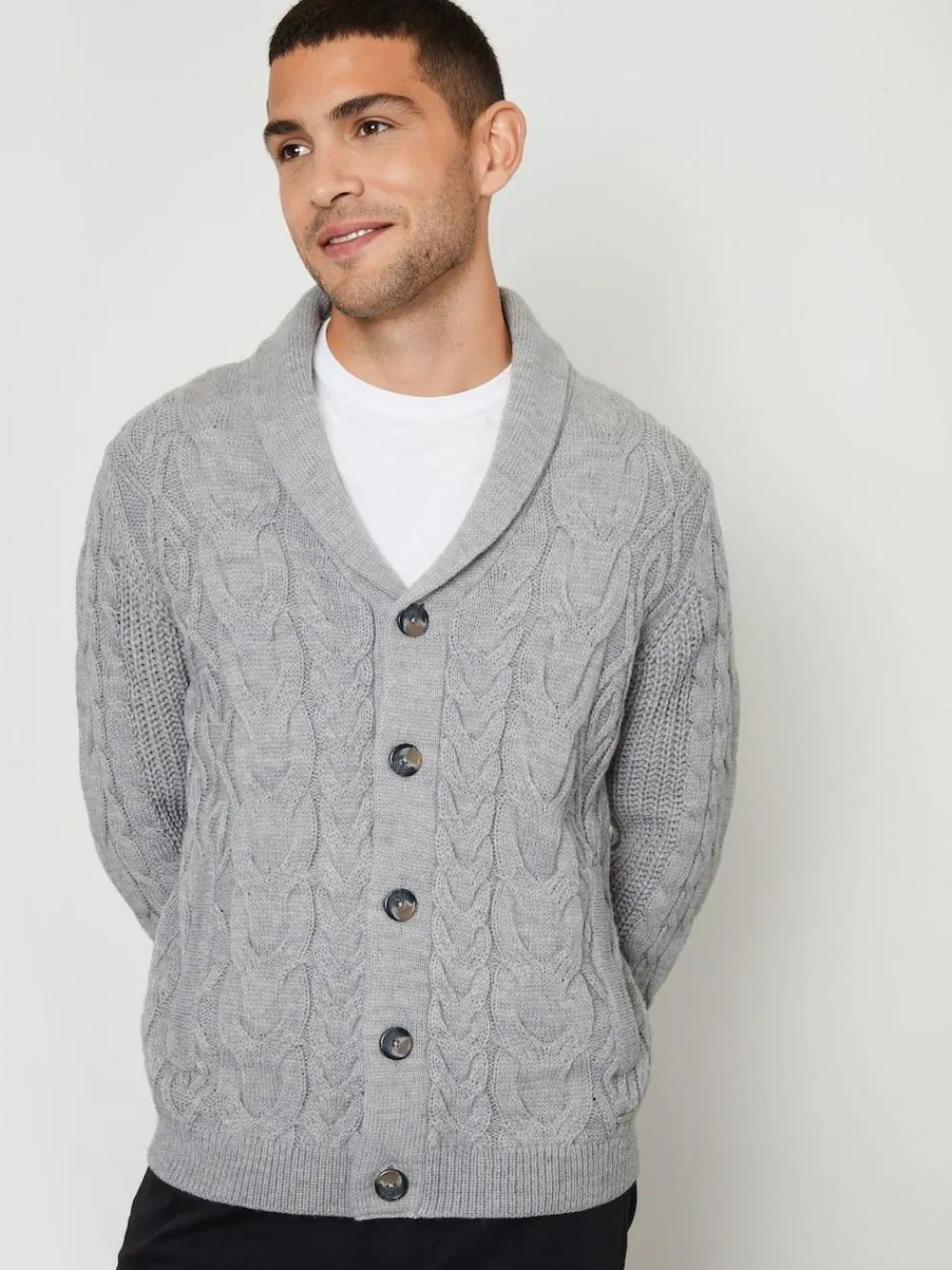 Clearance Threadbare Cable Knit Shawl Collar Cardigan With Wool Grey