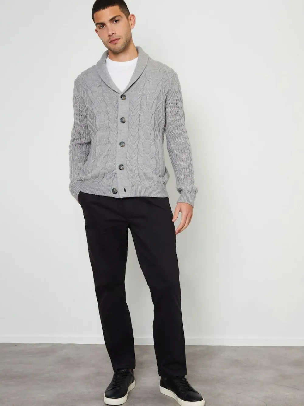 Clearance Threadbare Cable Knit Shawl Collar Cardigan With Wool Grey