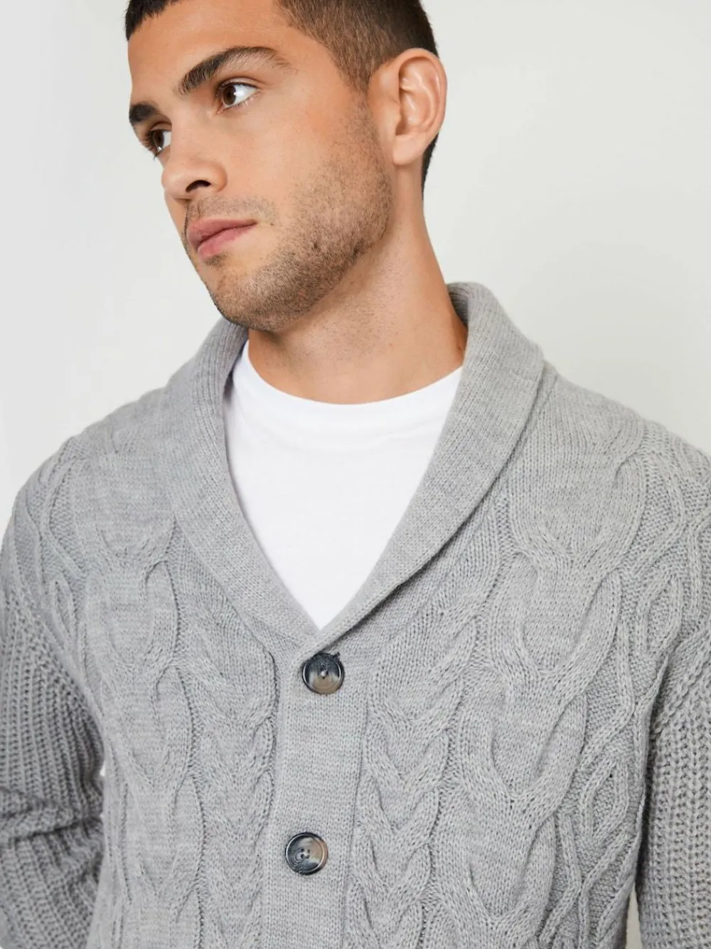 Clearance Threadbare Cable Knit Shawl Collar Cardigan With Wool Grey