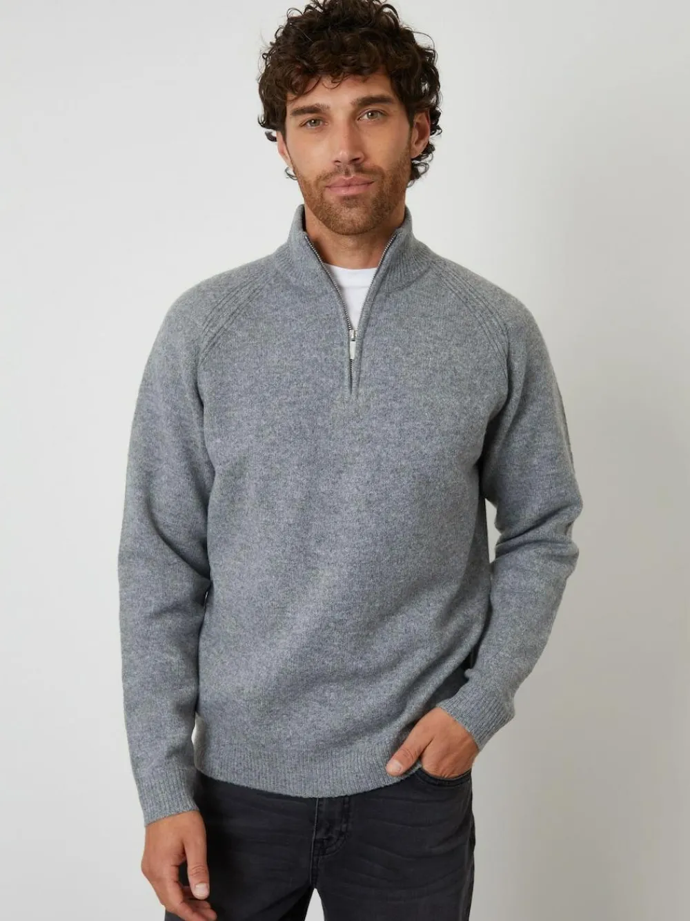 Discount Threadbare Raglan Rib Quarter Zip Knitted Jumper Grey